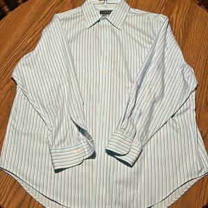 Ralph Lauren Classic Dress Shirt. Non iron. Blue & pinkish Striped on lite aqua